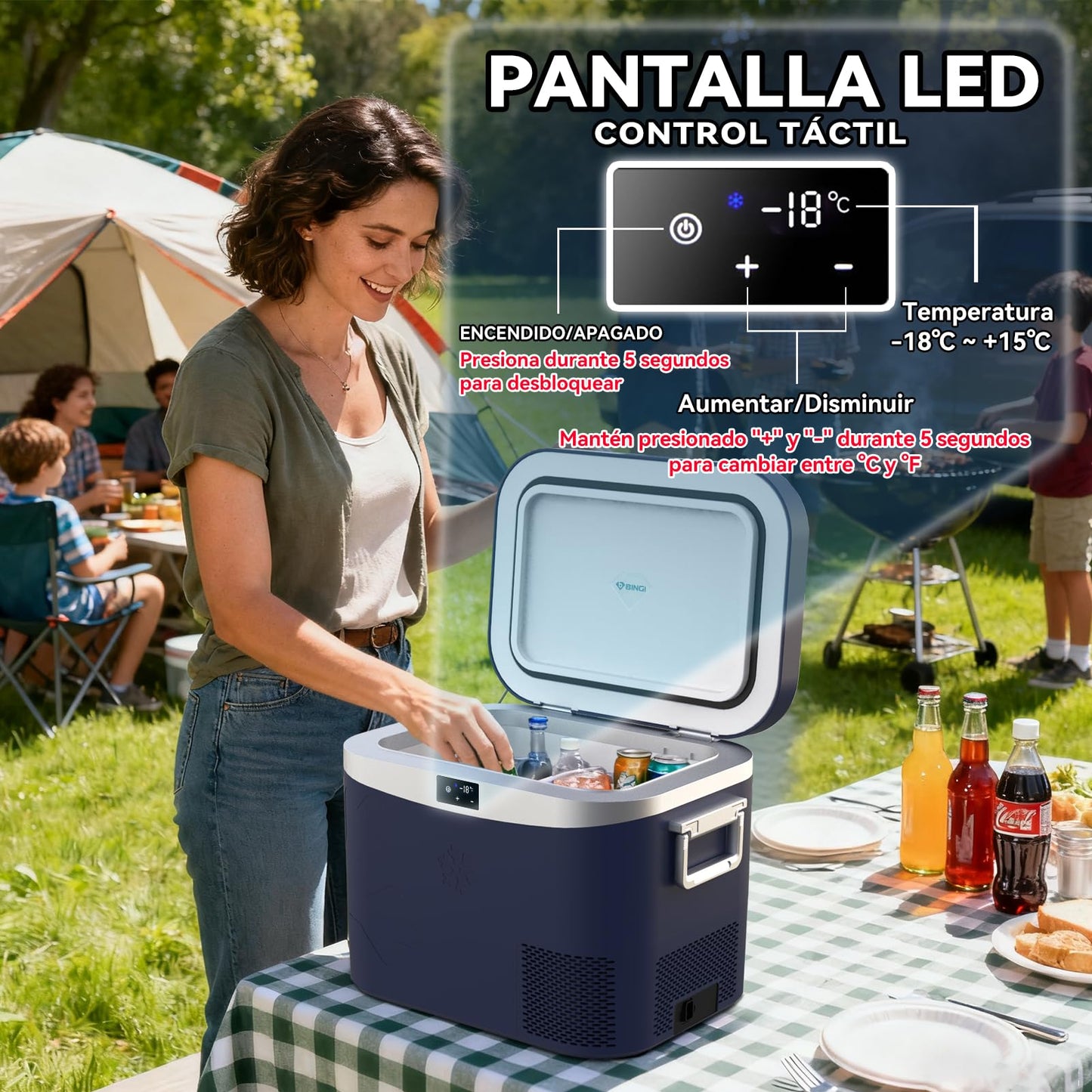 BINGI Nevera Portátil Eléctrica 18 L, Compresor 12/24 V, Refrigerador y Congelador para Coche