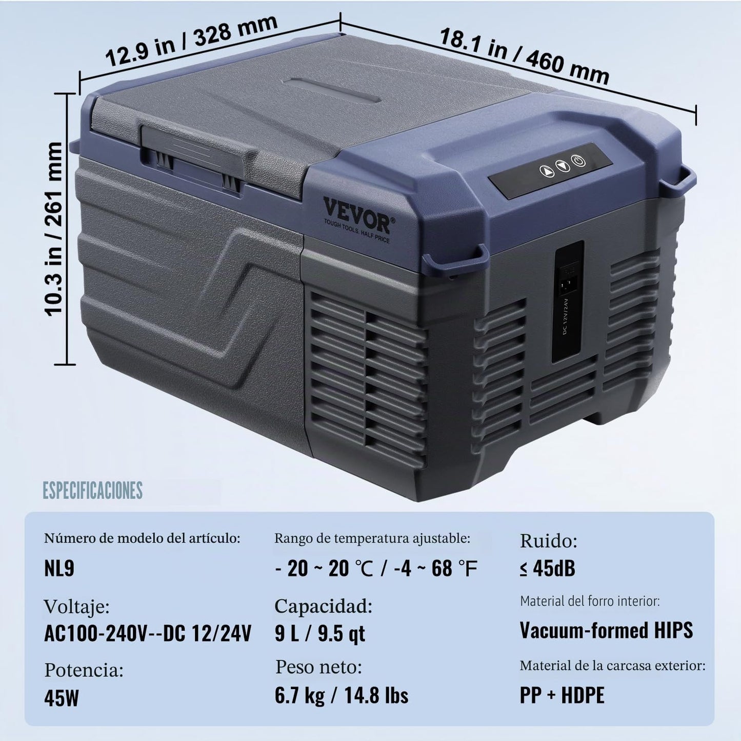 VEVOR Nevera de Compresión Portátil 30 L, 12/24 V y 100-240 V, Temperatura -20°C a 20°C