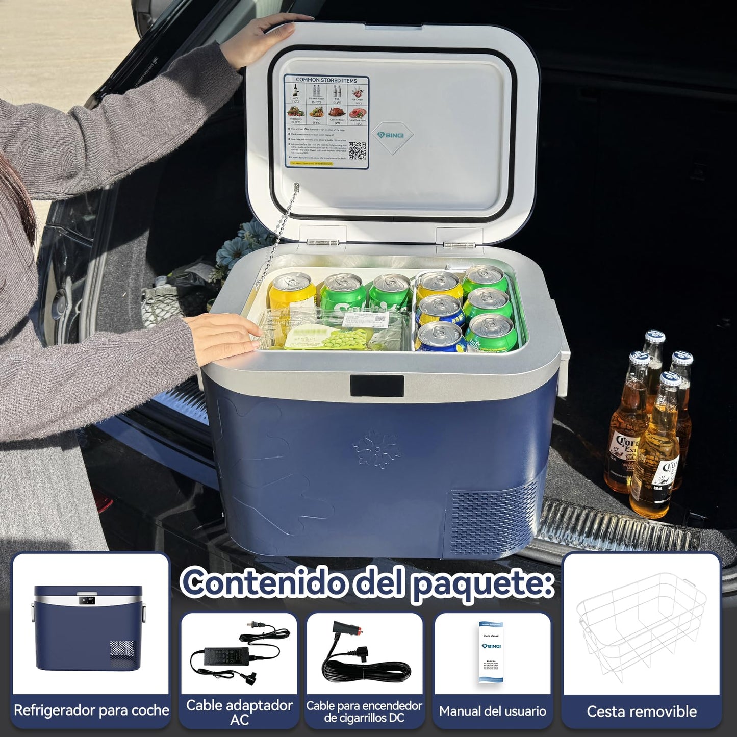 BINGI Nevera Portátil Eléctrica 18 L, Compresor 12/24 V, Refrigerador y Congelador para Coche